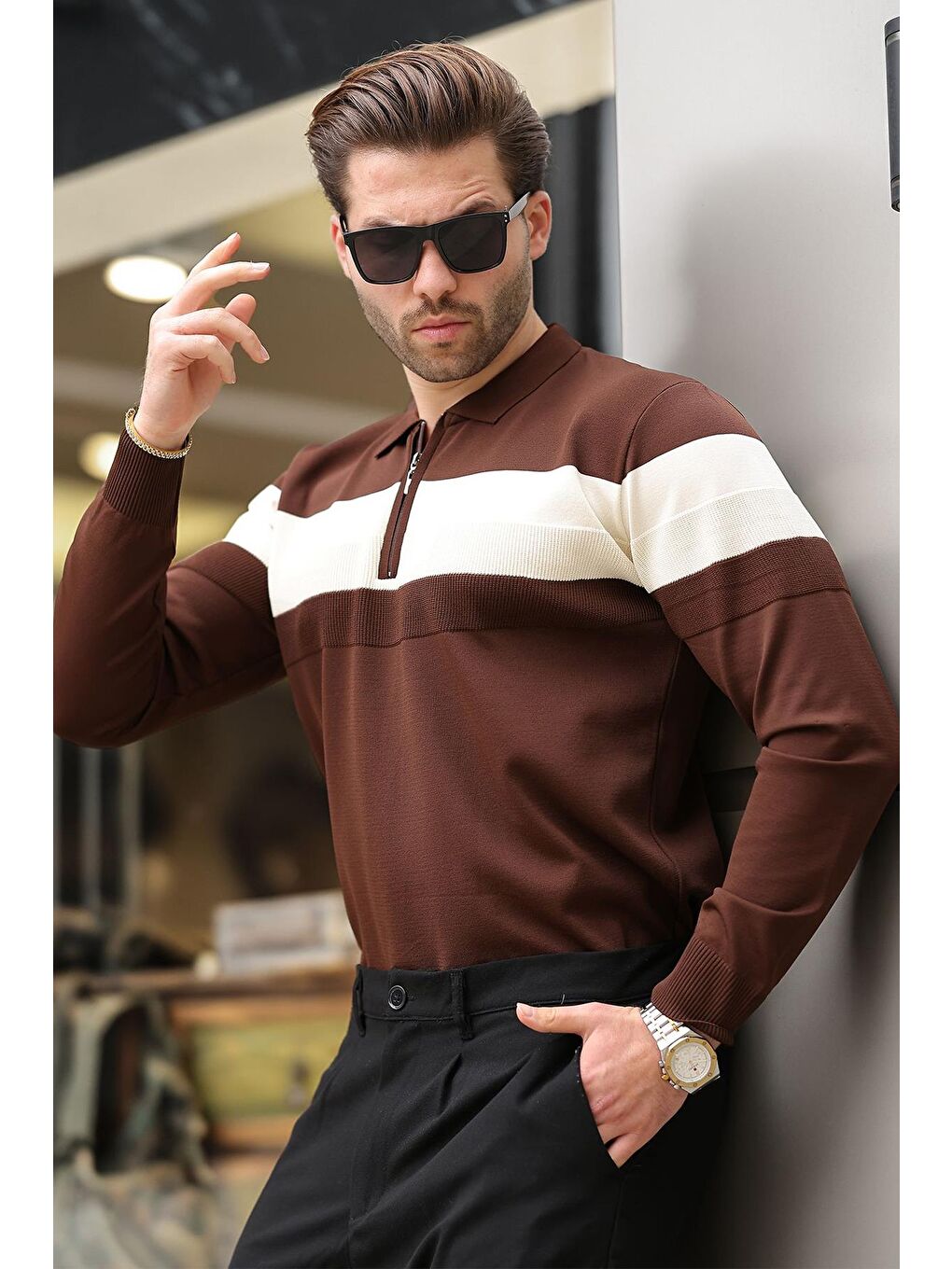 Kahverengi Fermuarlı Polo Yaka Çizgili Uzun Kollu Kazak E7288-3