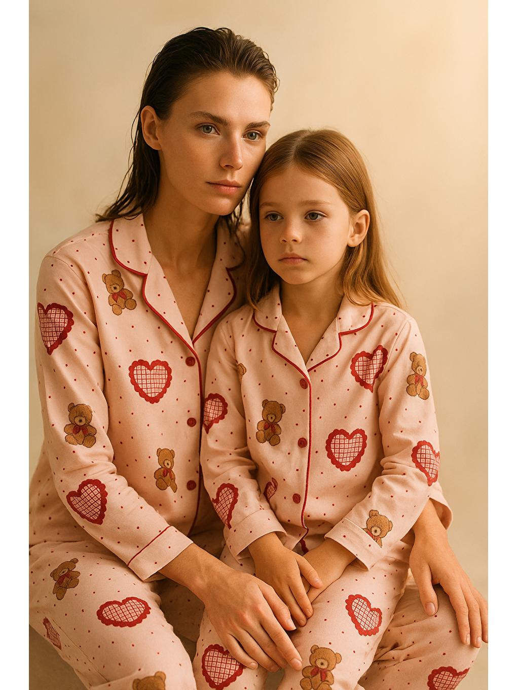 Kadın Kalpli Teddy Desenli Pijama Takımı Pembe-6