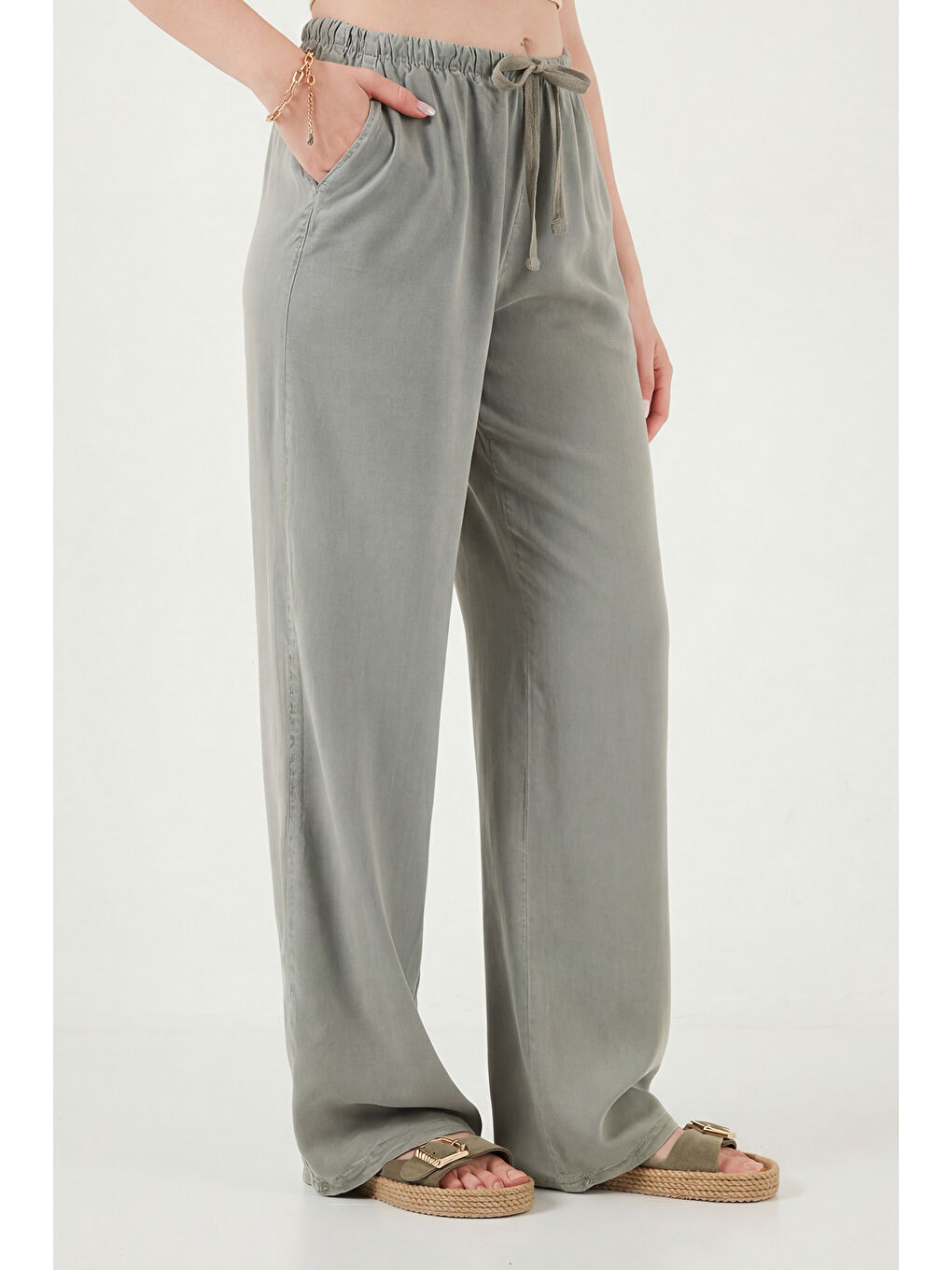 Haki Wide Leg Yüksek Bel Geniş Paça Kadın Pantolon 668YP5424-2