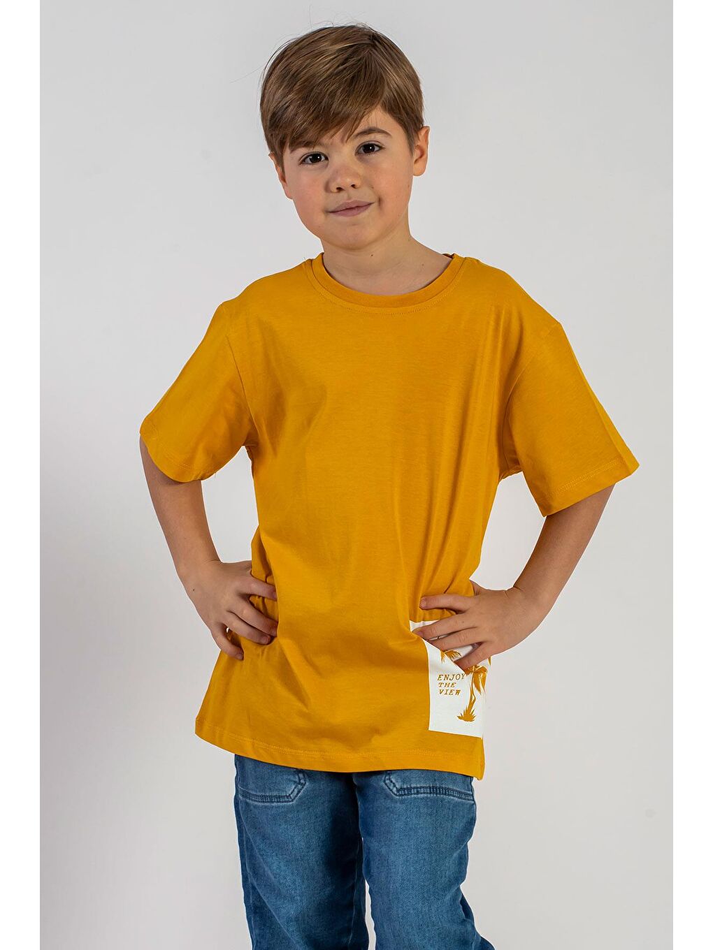 Sarı Bisiklet Yaka Kısa Kol Palmiye Baskılı Hardal Renk Erkek Çocuk Tshirt-1