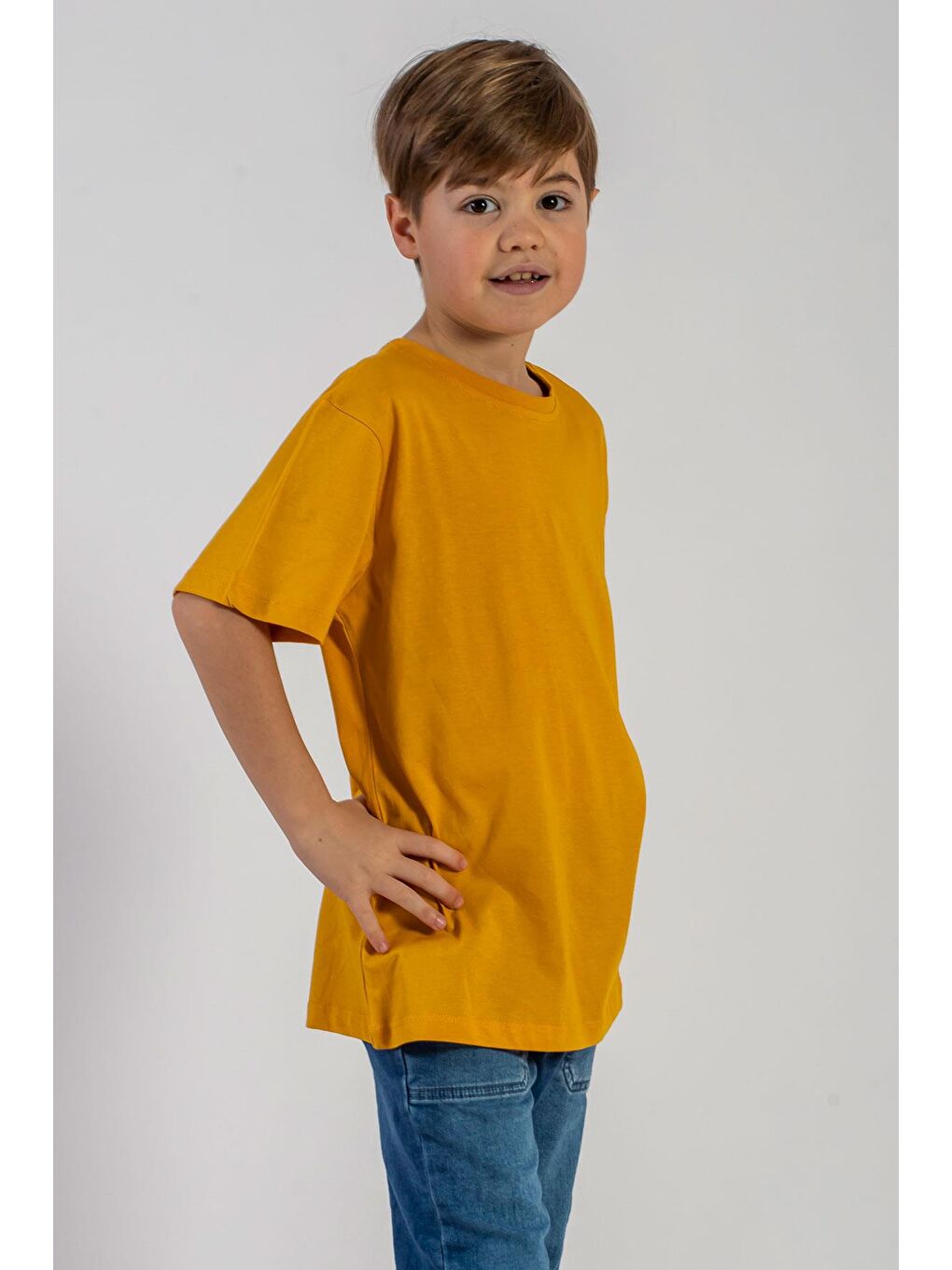 Sarı Bisiklet Yaka Kısa Kol Palmiye Baskılı Hardal Renk Erkek Çocuk Tshirt-2