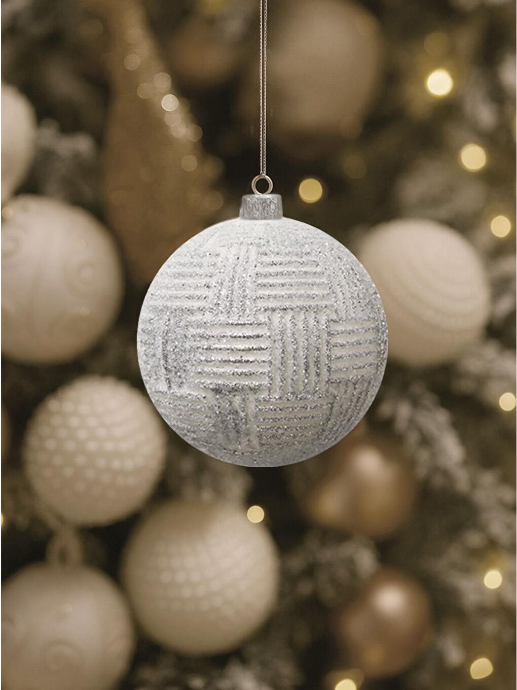 Yılbaşı Topu Gümüş Örgü Desenli Lüks Çam Ağacı Süsü Beyaz 8 cm 3'lü