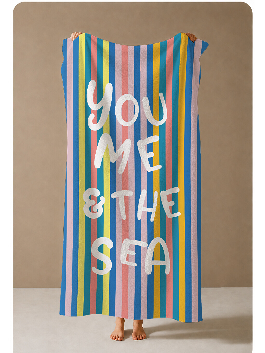 Mavi Renkli Dikey Çizgili You Me And The Sea Yazılı 70x150 Cm Dijital Baskılı Plaj Ve Banyo Havlusu-3