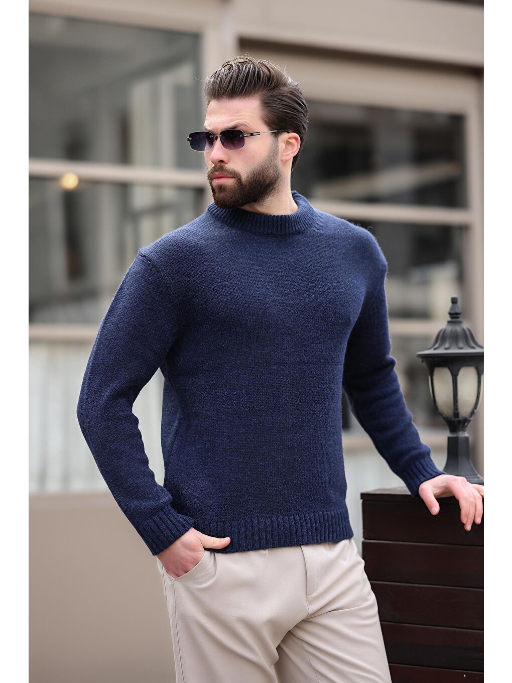 Lacivert Bisiklet Yaka Overfit Erkek Triko Kazak E7402-6