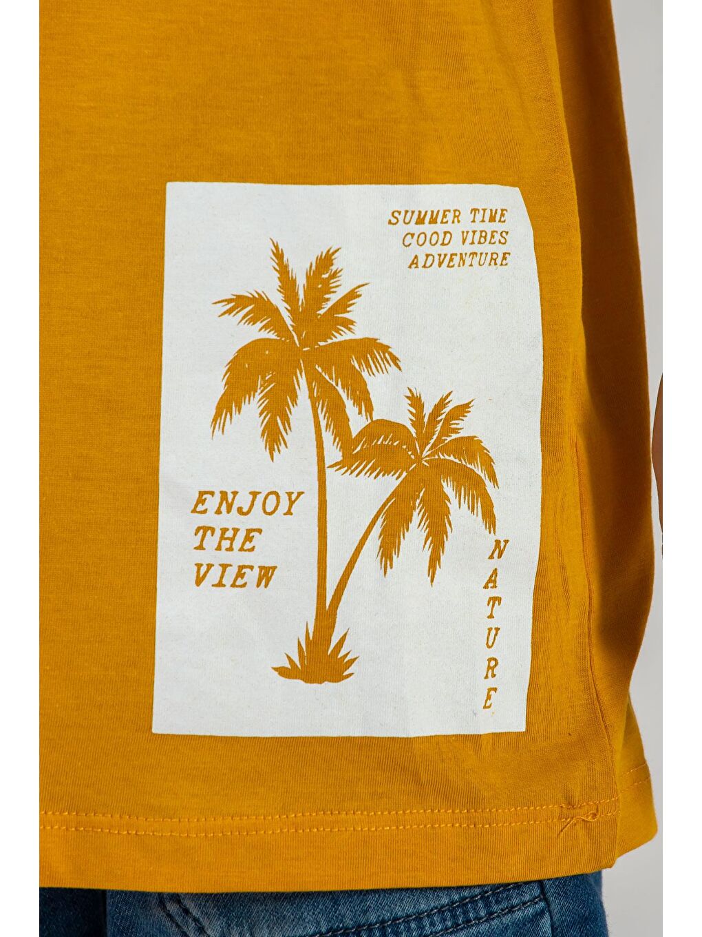 Sarı Bisiklet Yaka Kısa Kol Palmiye Baskılı Hardal Renk Erkek Çocuk Tshirt-4