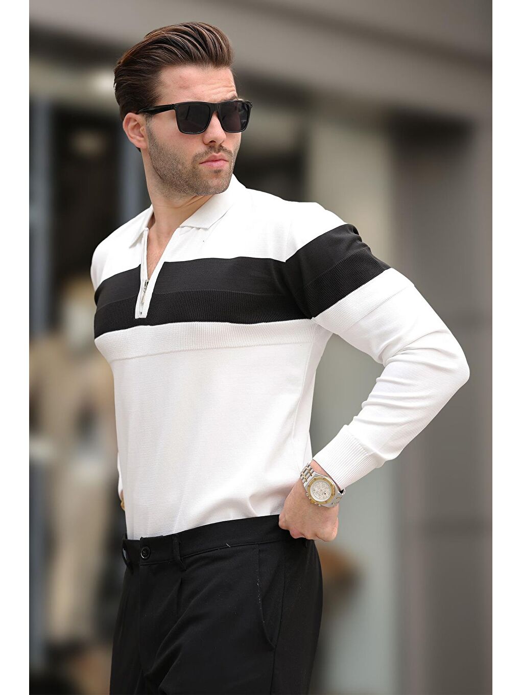 Beyaz Fermuarlı Polo Yaka Çizgili Uzun Kollu Kazak E7288-2