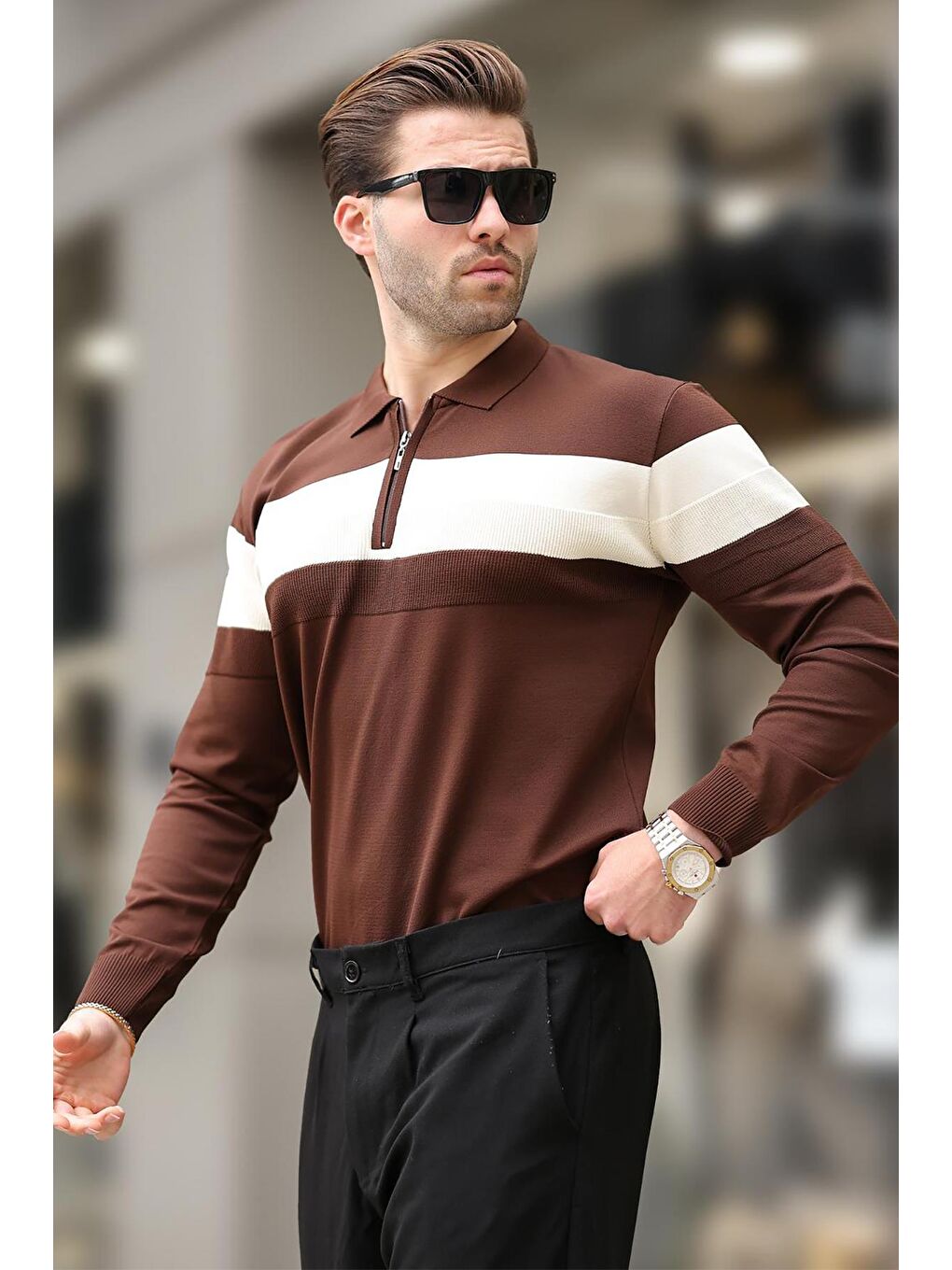 Kahverengi Fermuarlı Polo Yaka Çizgili Uzun Kollu Kazak E7288-5