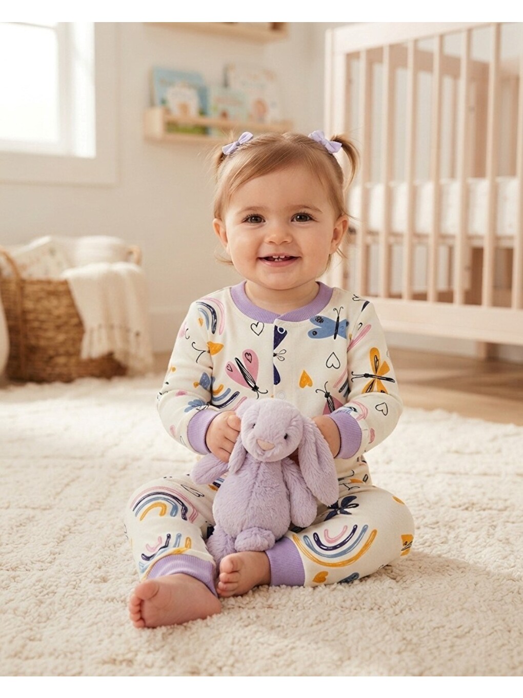 Lila Kız Bebek %100 Pamuklu 1-2-3 Yaş Baskılı Çıtçıtlı Alt Üst Pijama Takımı-1