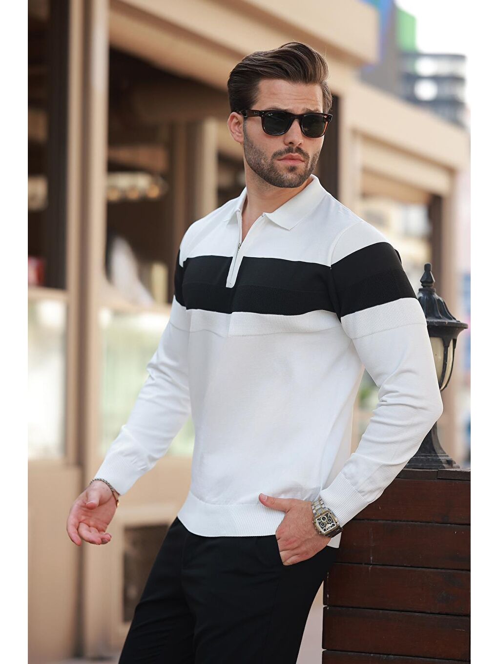 Beyaz Fermuarlı Polo Yaka Çizgili Uzun Kollu Kazak E7288-3