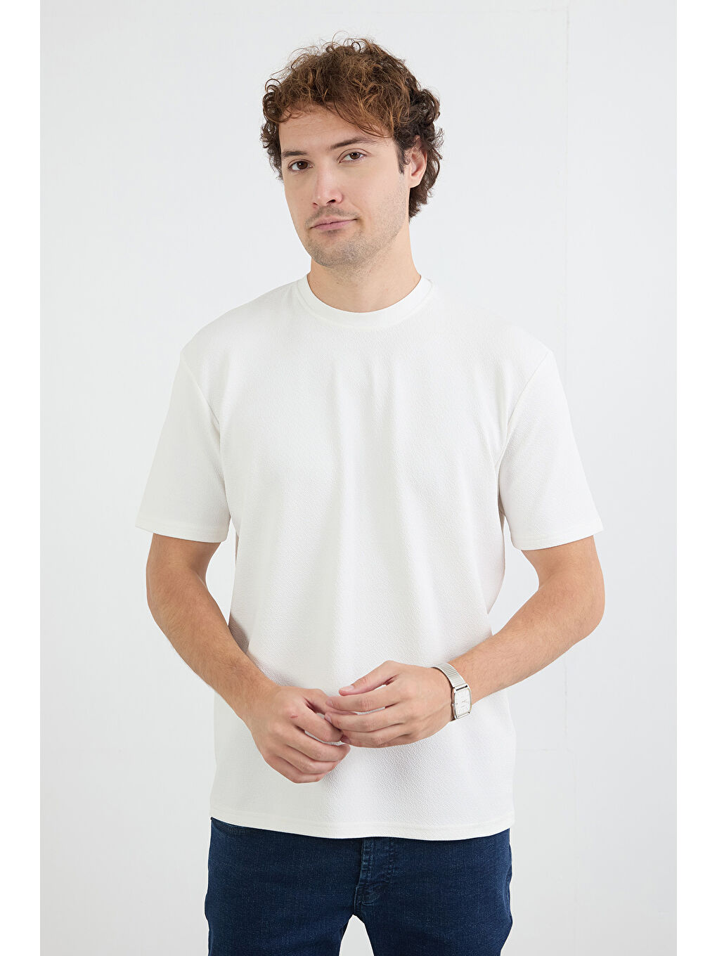 Ekru Basic Jakarlı Bisiklet Yaka Tişört-1