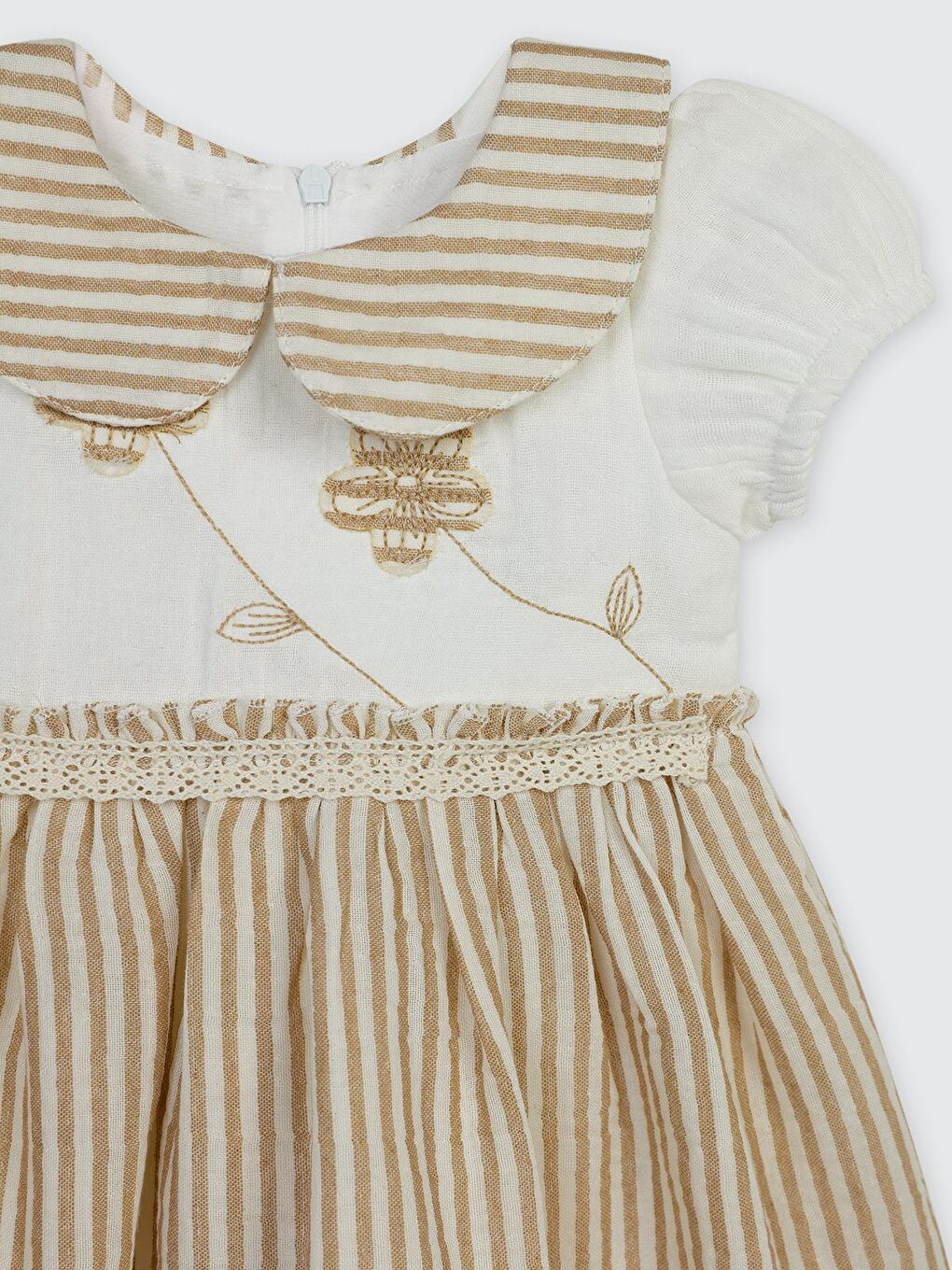 Çiçek Nakışlı Çizgili 1-3 Yaş Elbise - Bej18-24 Ay-1
