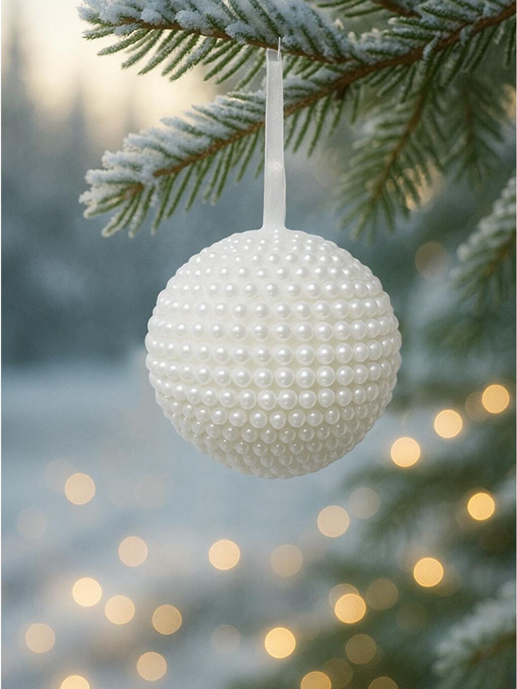 Yılbaşı Topu İnci Kaplama Çam Ağacı Süsü Beyaz 10 cm 2'li