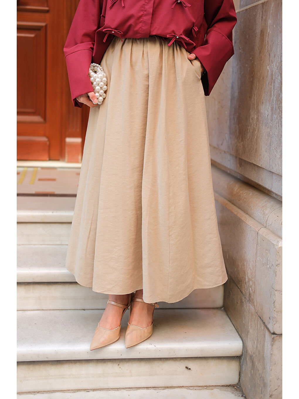 Ekru Kadın Krışık Kloş Etek Krem