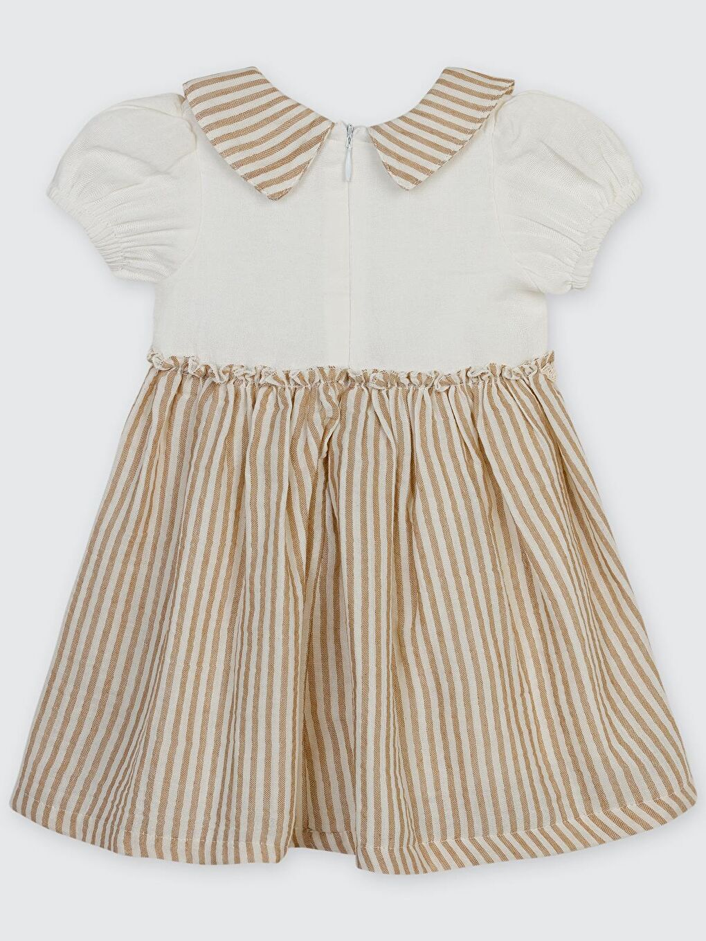 Çiçek Nakışlı Çizgili 1-3 Yaş Elbise - Bej18-24 Ay-2
