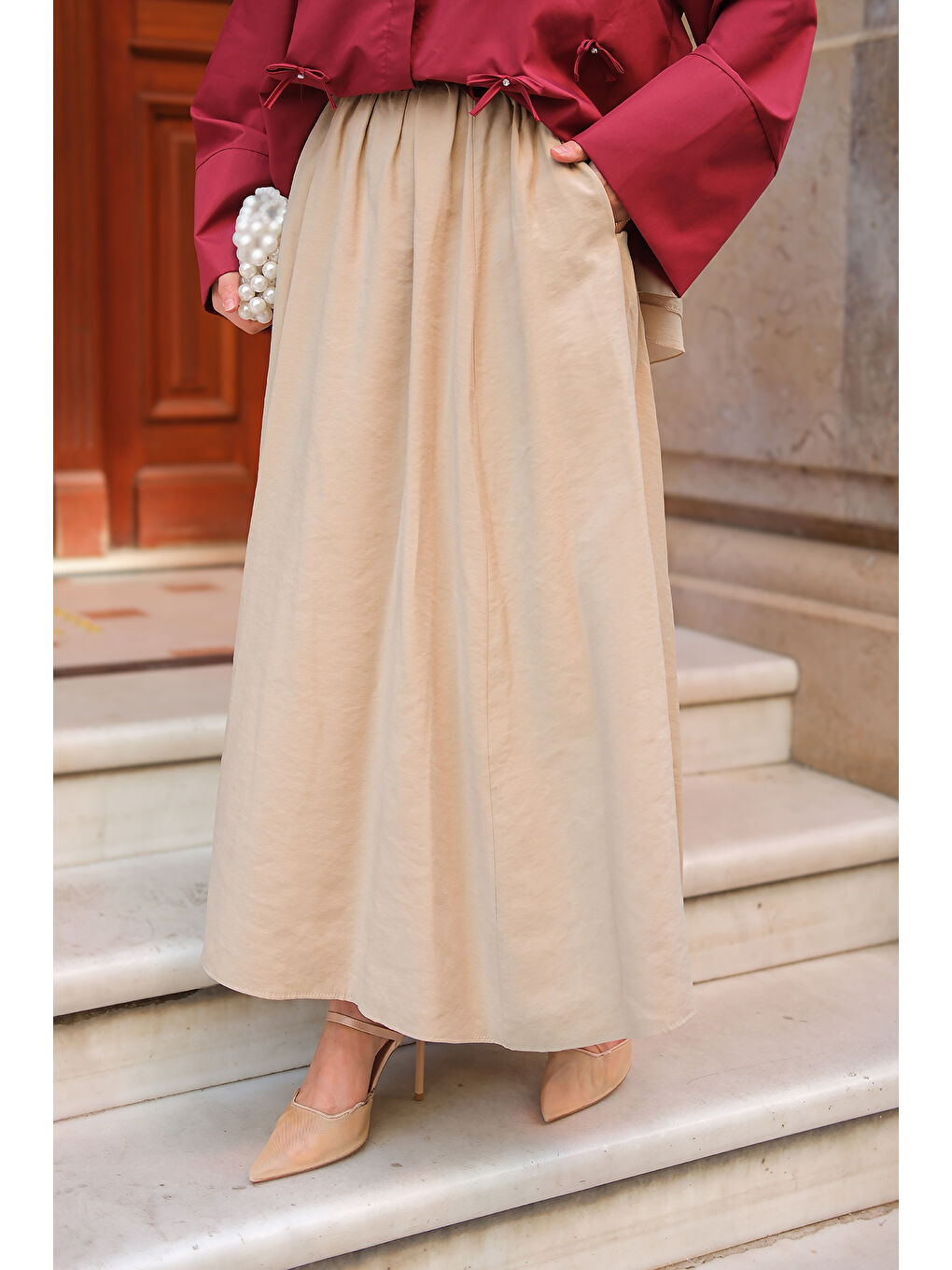 Ekru Kadın Krışık Kloş Etek Krem-1