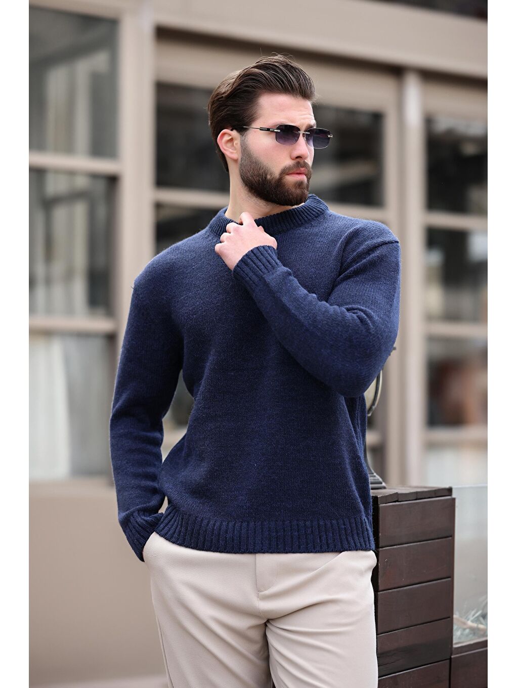 Lacivert Bisiklet Yaka Overfit Erkek Triko Kazak E7402-8