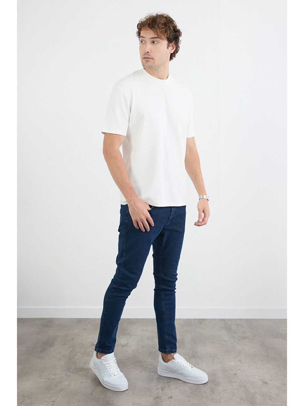 Ekru Basic Jakarlı Bisiklet Yaka Tişört-2