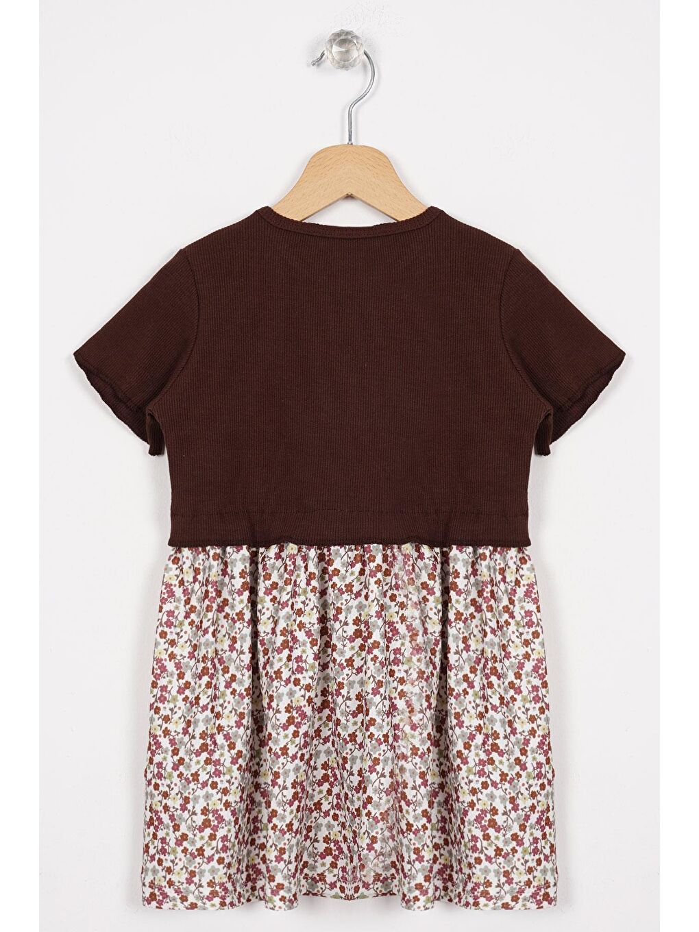 Önü Patlı Çiçek Desenli Kahverengi Renk Kız Çocuk Elbise-2