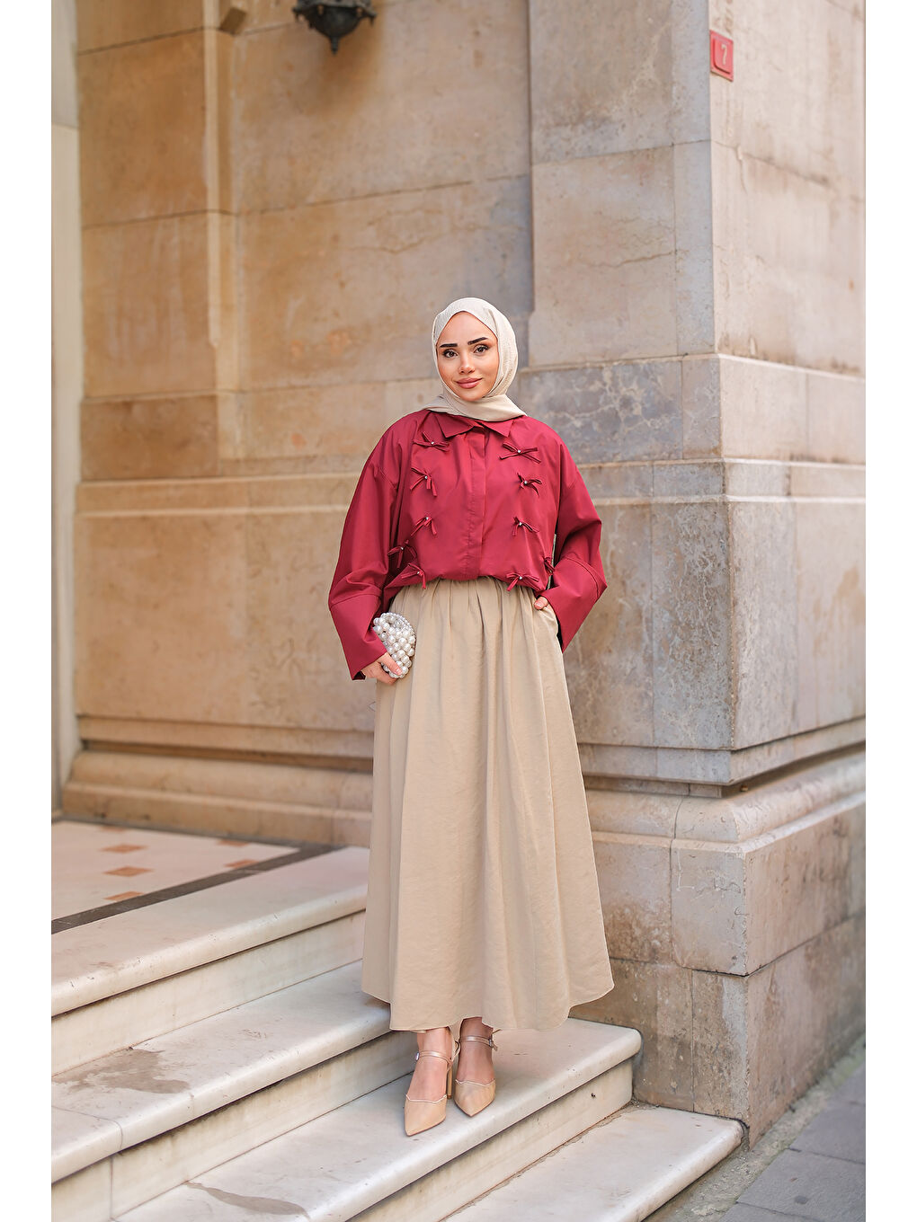 Ekru Kadın Krışık Kloş Etek Krem-2