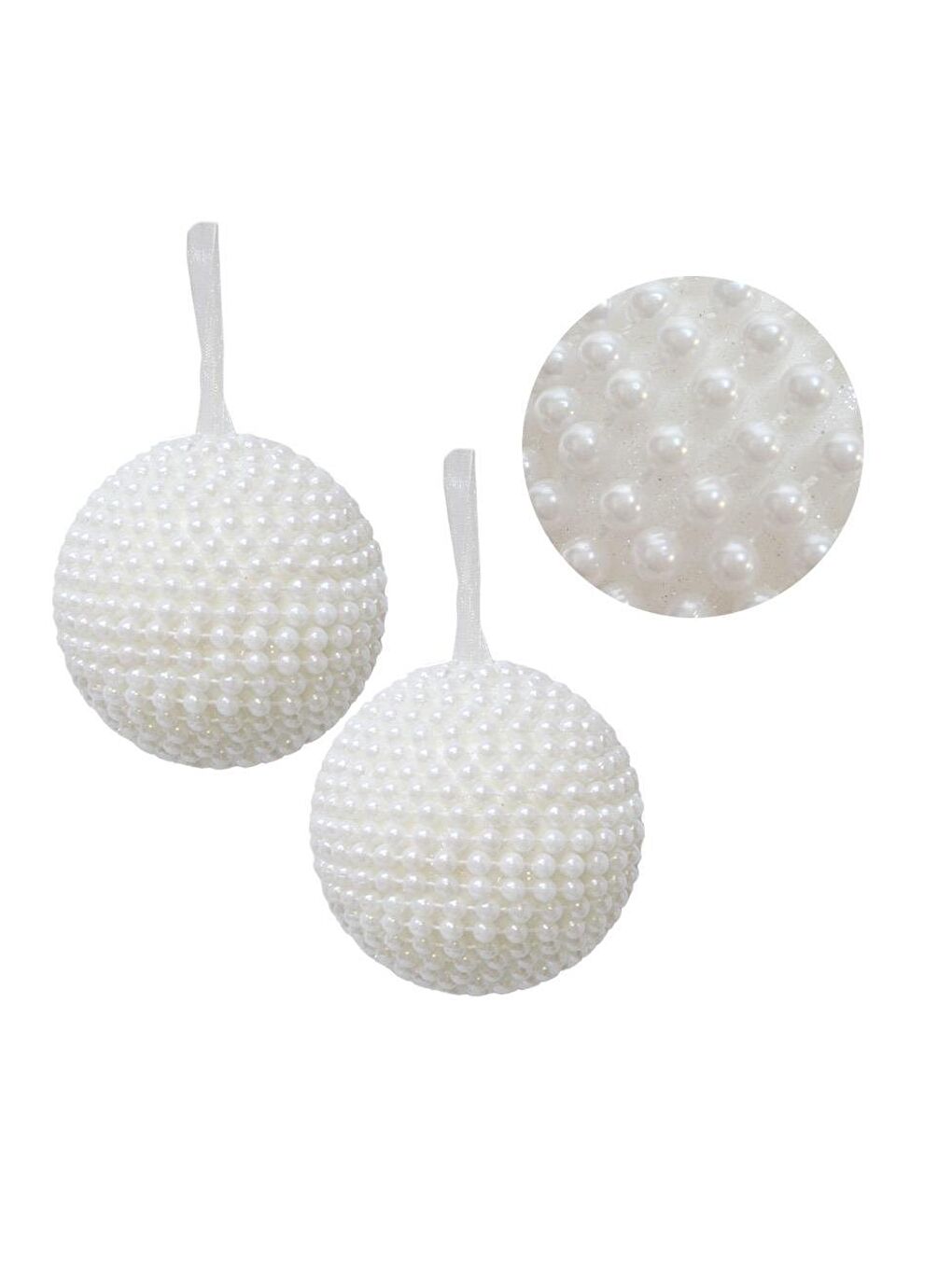 Yılbaşı Topu İnci Kaplama Çam Ağacı Süsü Beyaz 10 cm 2'li-2