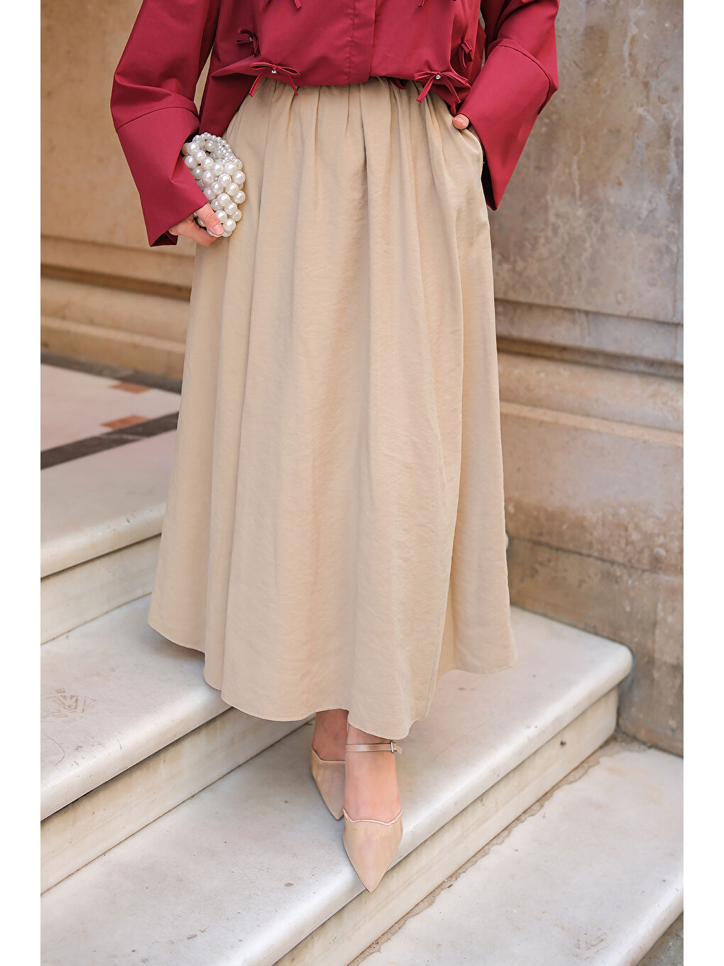 Ekru Kadın Krışık Kloş Etek Krem-3