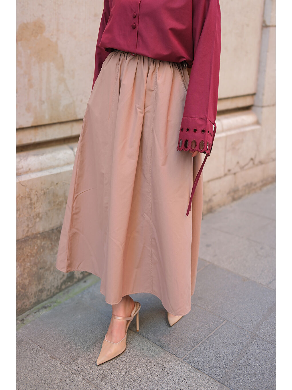 Bej Kadın Bel Lastikli Etek Vizon-1