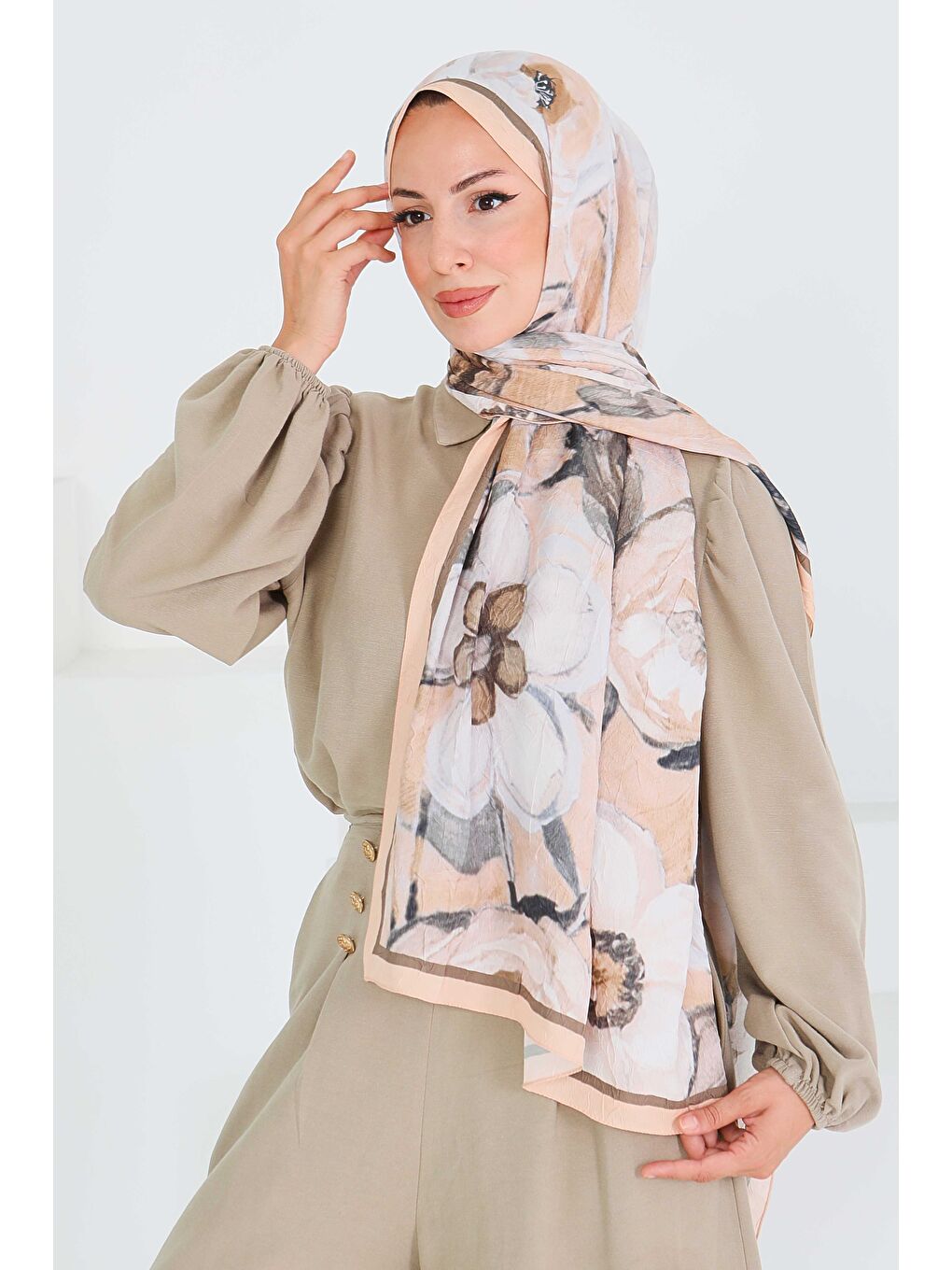 Pembe Desenli Bambu Kare Şal Somon - 27523