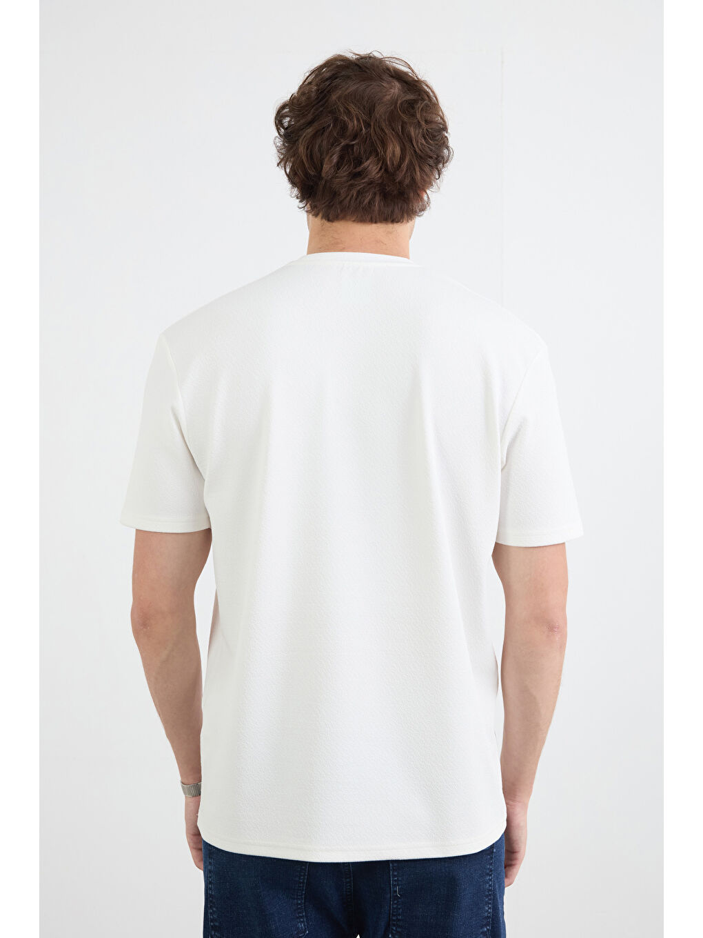 Ekru Basic Jakarlı Bisiklet Yaka Tişört-3