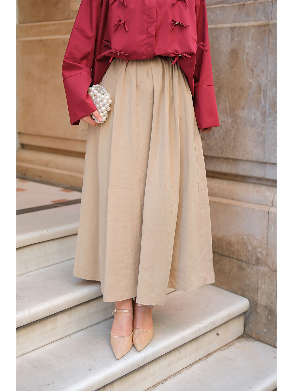 Ekru Kadın Krışık Kloş Etek Krem-4