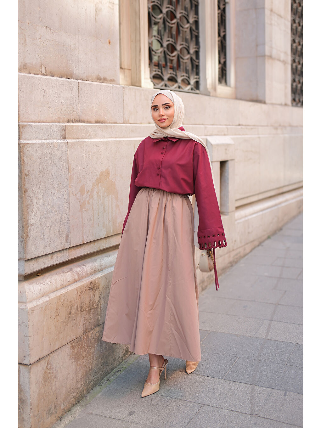 Bej Kadın Bel Lastikli Etek Vizon-2