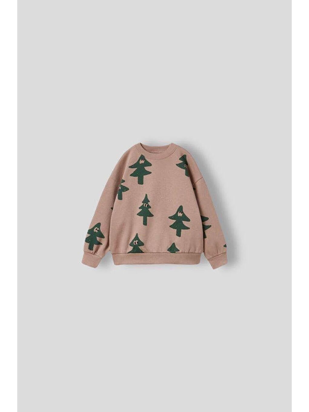 Kahverengi Unisex Çocuk Pamuklu Bej Ağaç Desenli Sweatshirt Ve Eşofman Takım – Rahat Kalıp-2