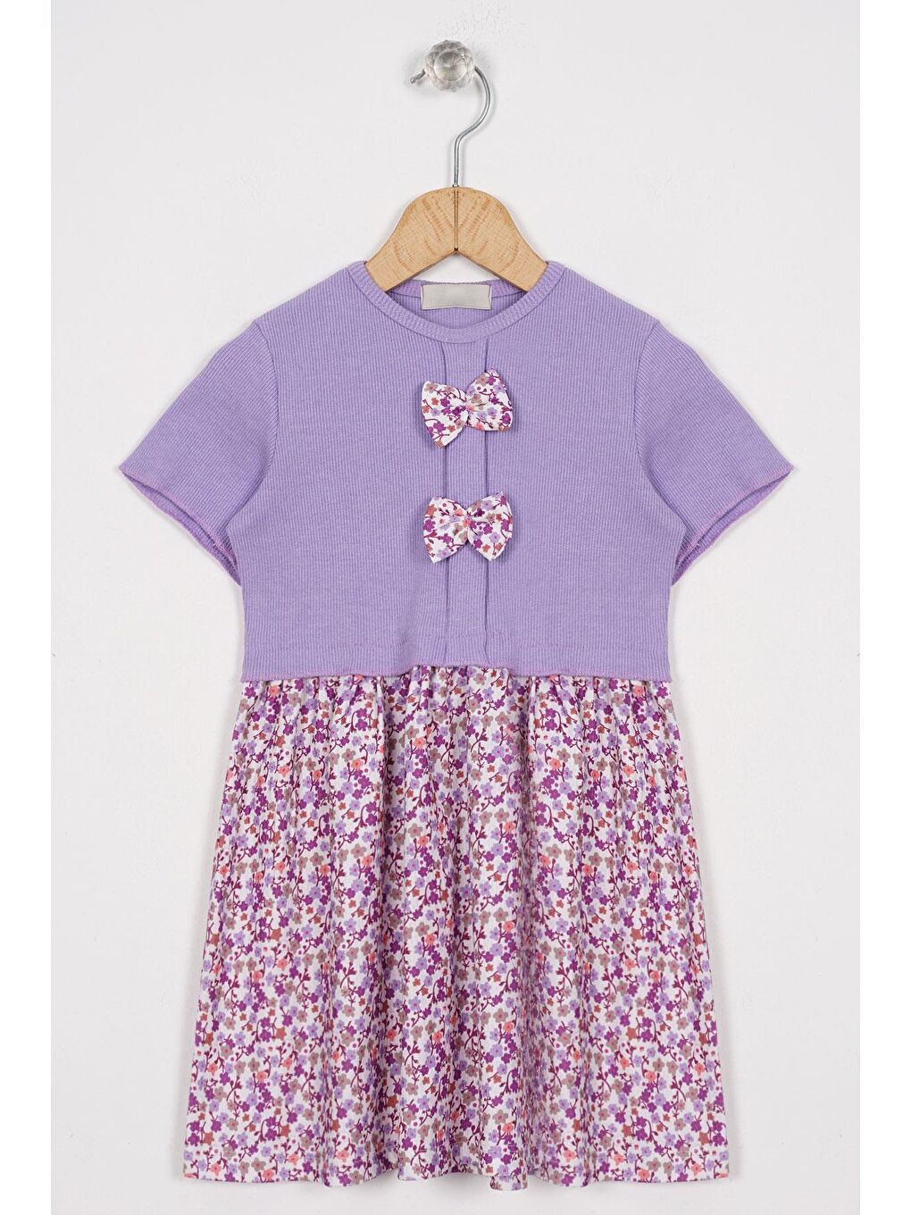 Önü Patlı Çiçek Desenli Lila Renk Kız Çocuk Elbise