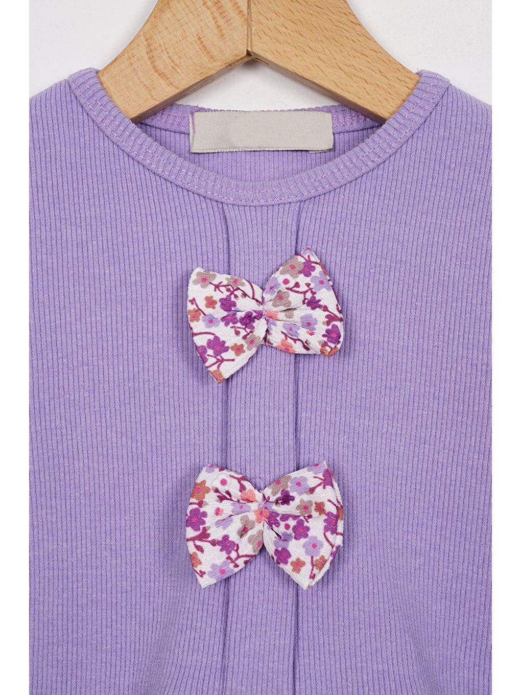 Önü Patlı Çiçek Desenli Lila Renk Kız Çocuk Elbise-1