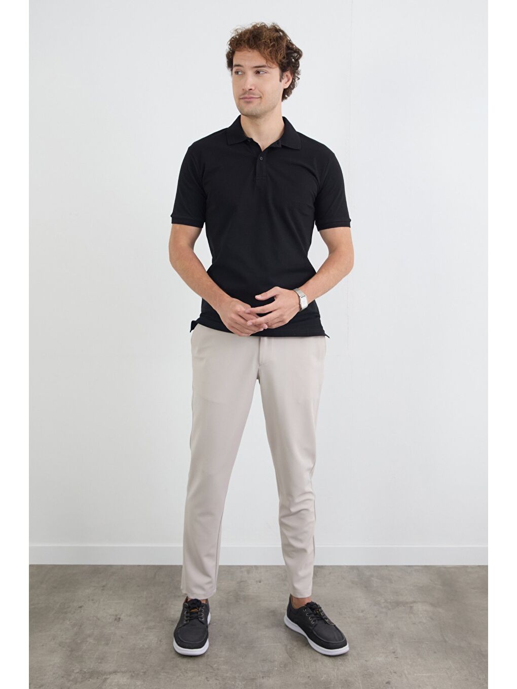 Siyah Basic Polo Yaka Yarım Düğmeli Tişört-2