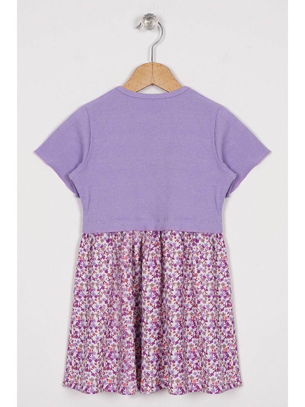 Önü Patlı Çiçek Desenli Lila Renk Kız Çocuk Elbise-2
