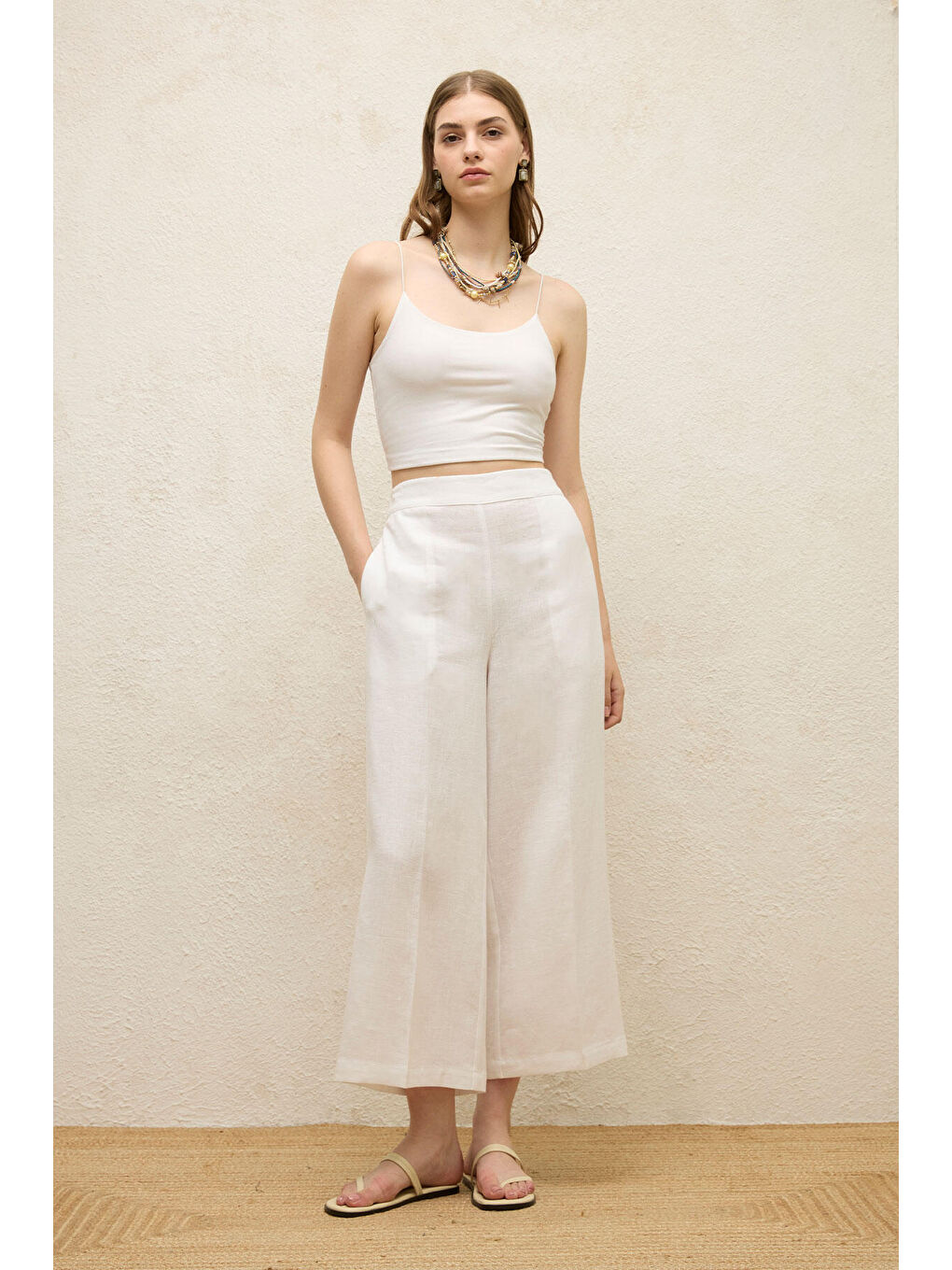 Ekru ÜTÜ İZLİ KETEN PANTOLON EKRU
