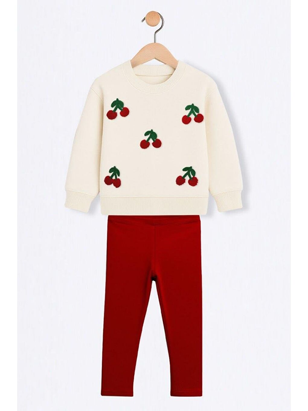 Karışık Kız Çocuk Pamuklu Krem Kiraz Aplikeli Sweatshirt Ve Kırmızı Pantolon Takım-2