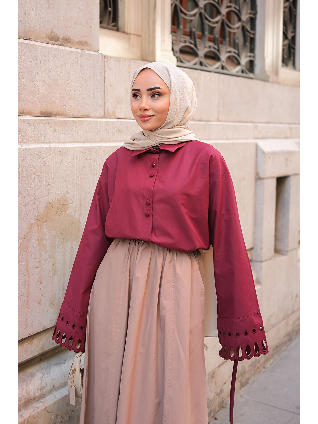 Bej Kadın Bel Lastikli Etek Vizon-4