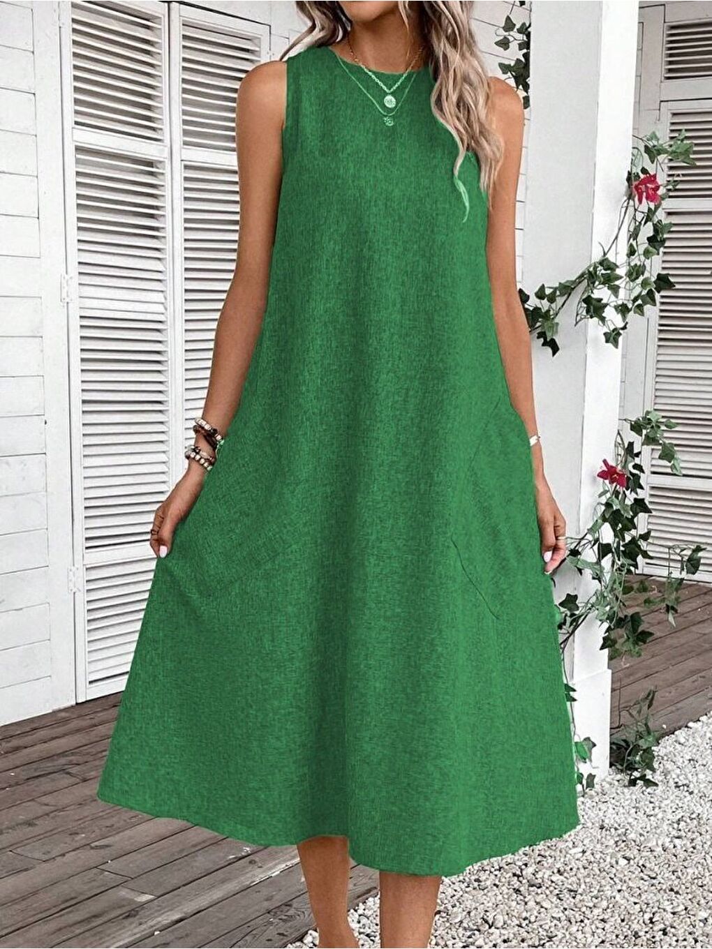 Yeşil Kadın Kolsuz Bisiklet Yaka Cepli Midi Keten Elbise-1