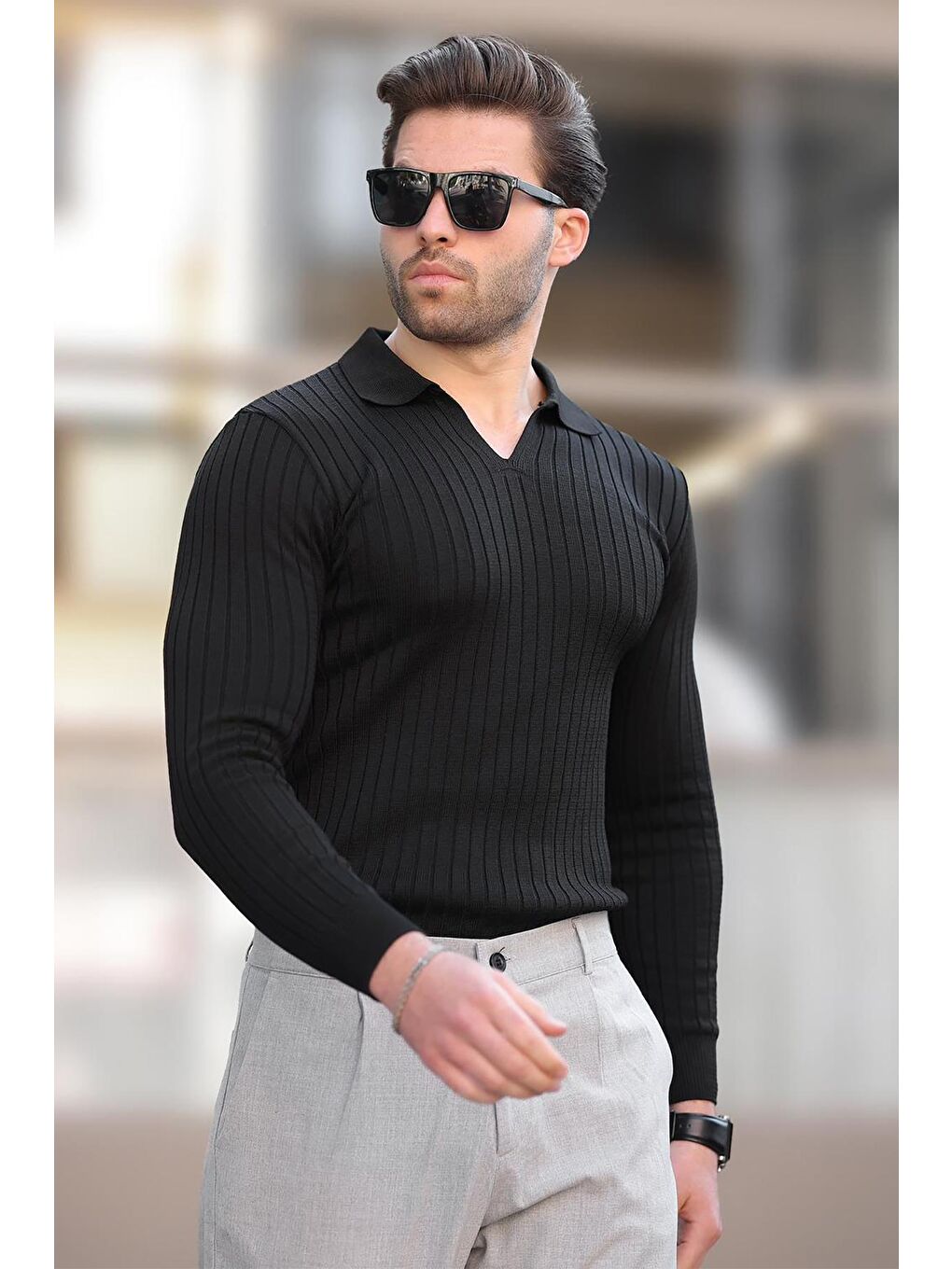 Siyah Polo Yaka Çizgili Uzun Kollu Erkek Kazak 7289-1