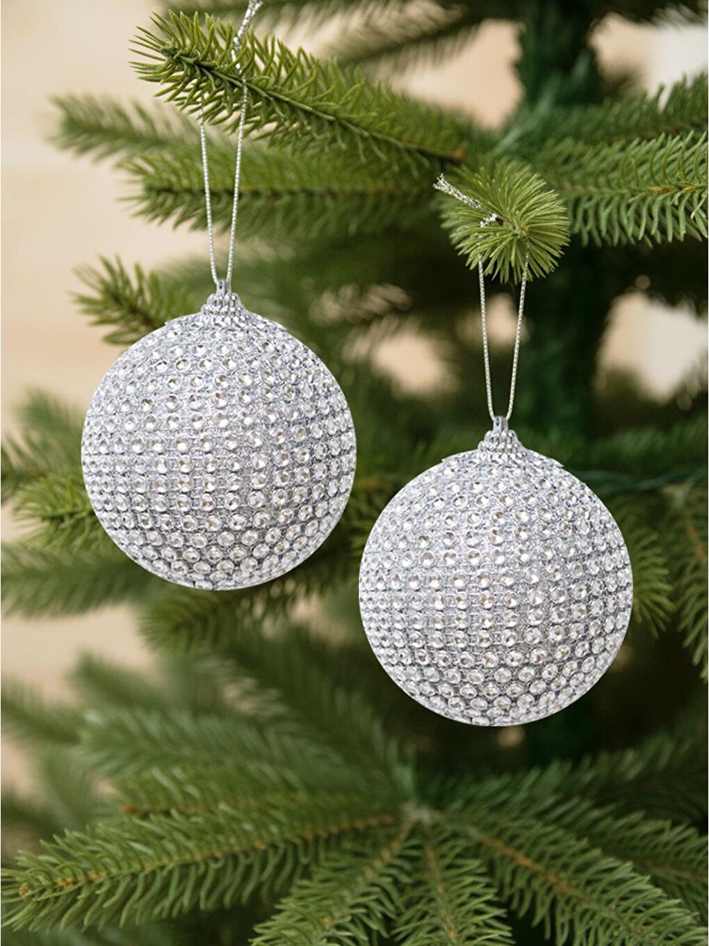 Gri Yılbaşı Topu Kristal Taş Kaplama Çam Ağacı Süsü Gümüş 10 cm 2'li