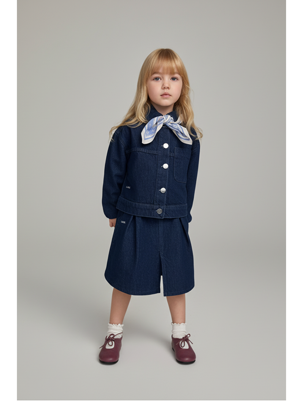 Lacivert Kız Çocuk Pamuklu Denim Ceket Ve Pileli Denim Etek Takım