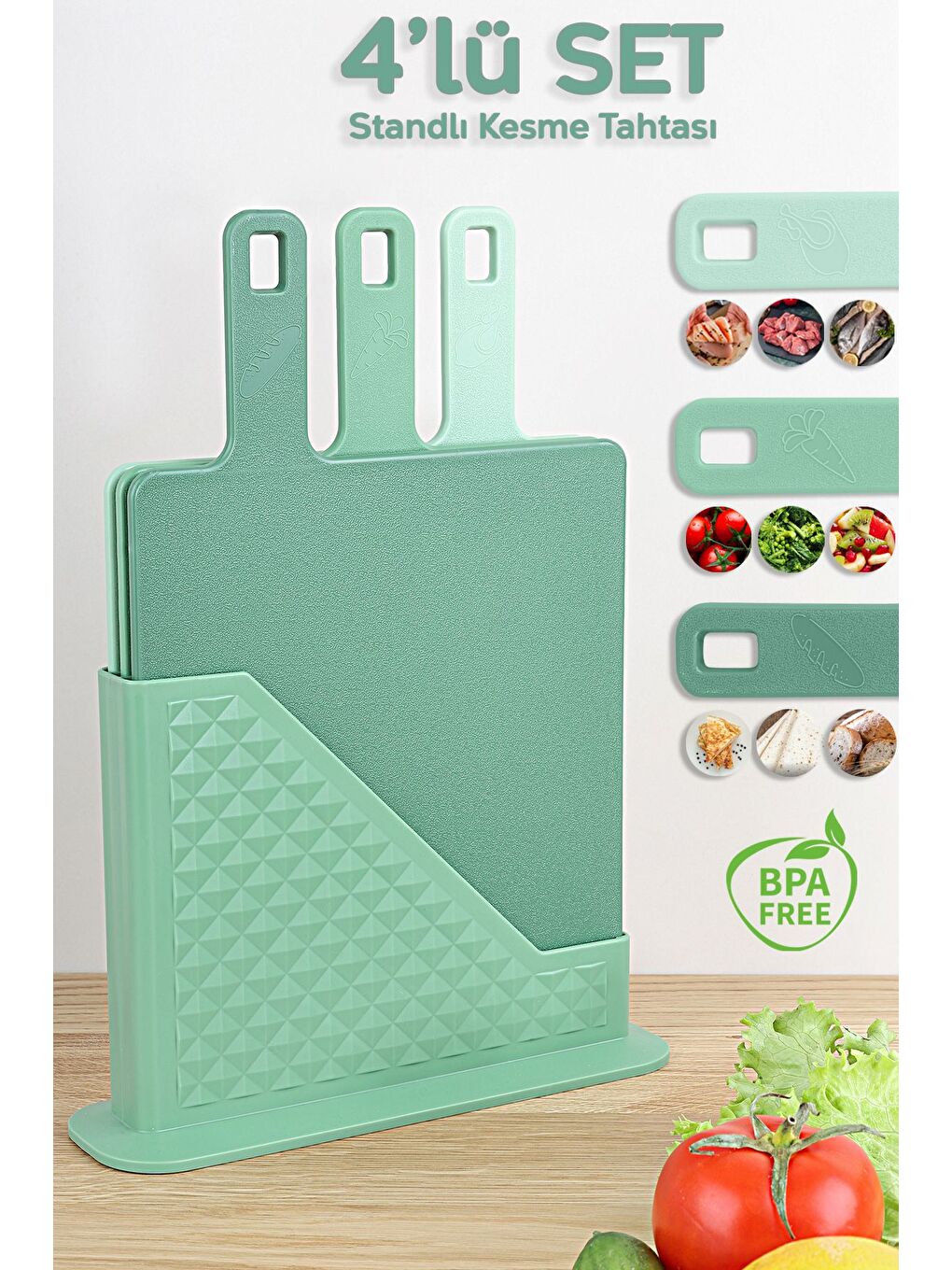 4 Parça Standlı Kesme Tahtası Seti Çoklu Doğrama Tahtası Ekmek Sebze Et Kesim Panosu Yeşil