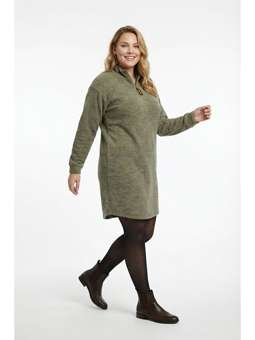 Büyük Beden Yumoş Dokulu Yeşil Midi Elbise 106-36