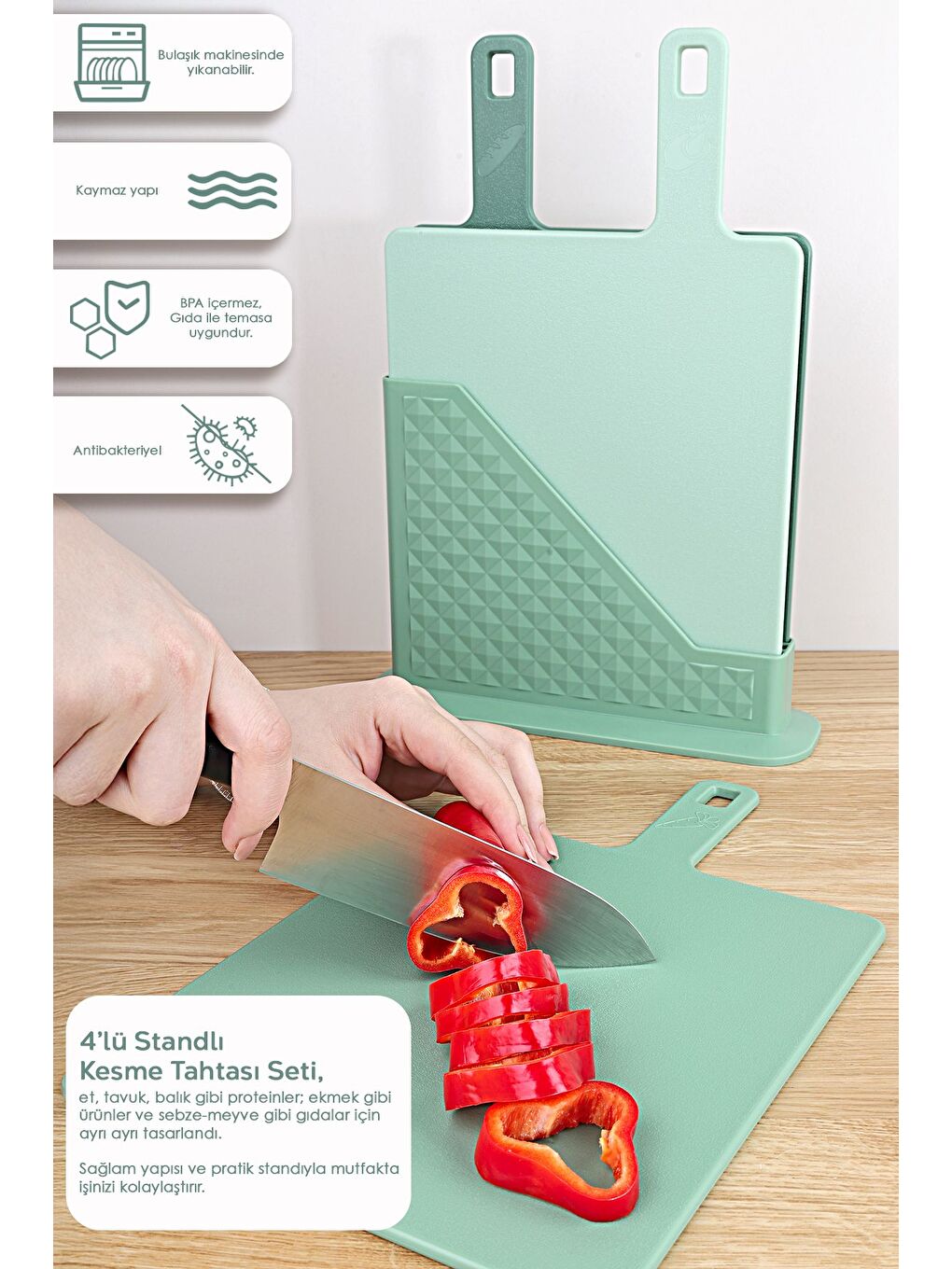 4 Parça Standlı Kesme Tahtası Seti Çoklu Doğrama Tahtası Ekmek Sebze Et Kesim Panosu Yeşil-1