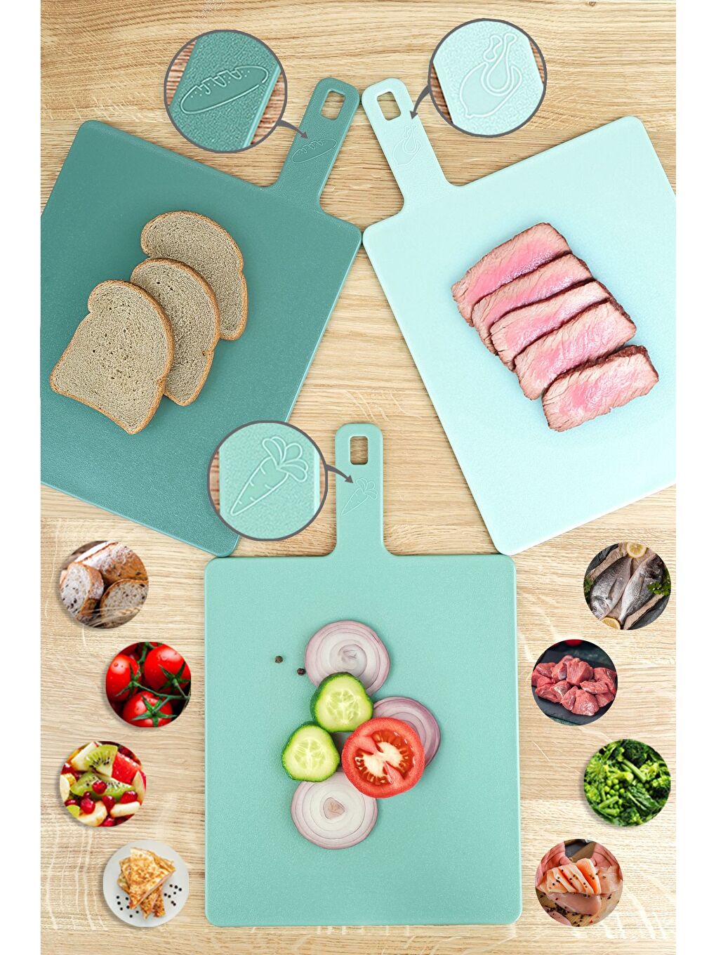 4 Parça Standlı Kesme Tahtası Seti Çoklu Doğrama Tahtası Ekmek Sebze Et Kesim Panosu Yeşil-3