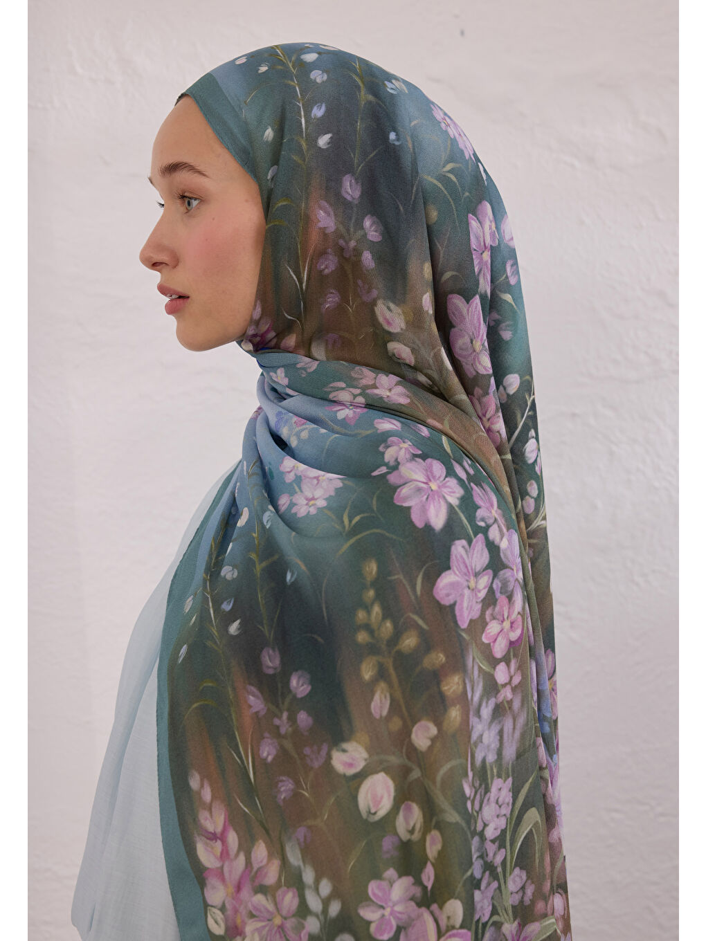 Wısterıa Desen Rami Şal Soft Mavi-1