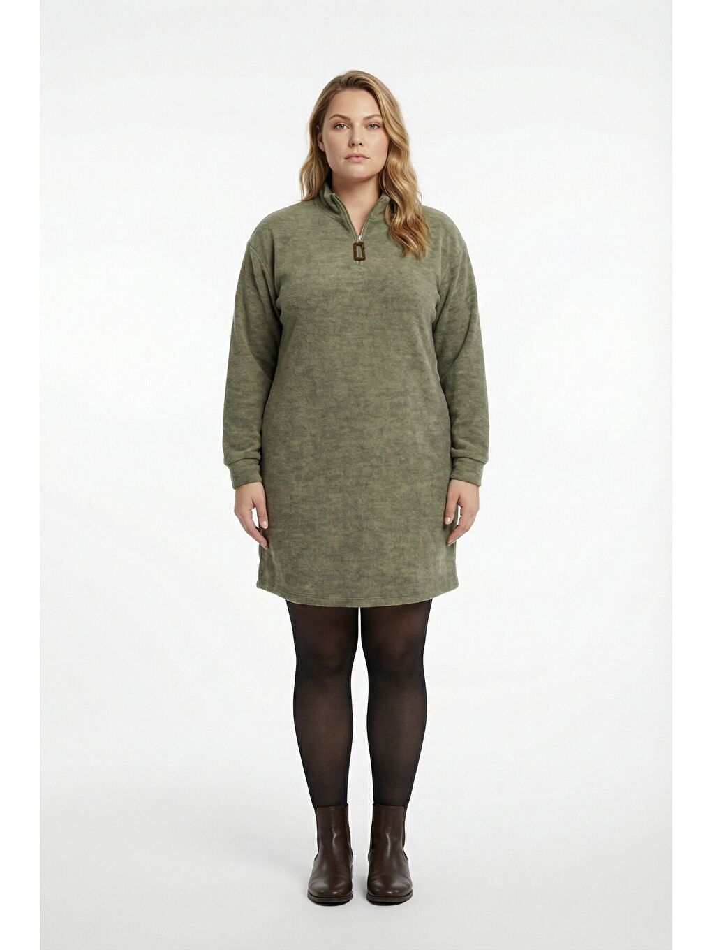 Büyük Beden Yumoş Dokulu Yeşil Midi Elbise 106-36-1