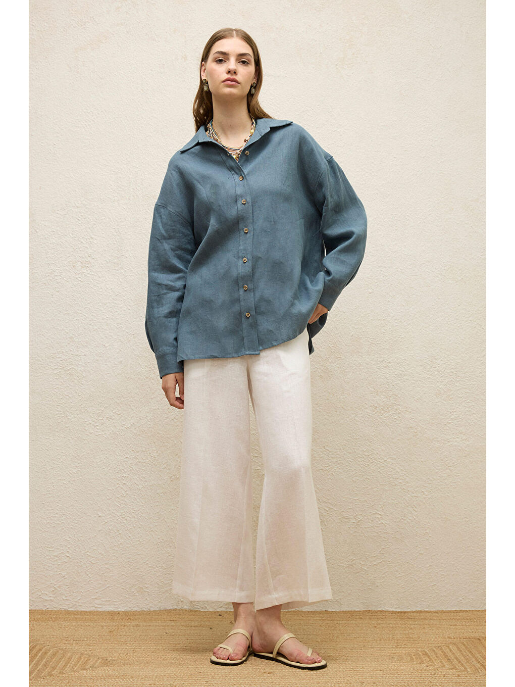 Ekru ÜTÜ İZLİ KETEN PANTOLON EKRU-2