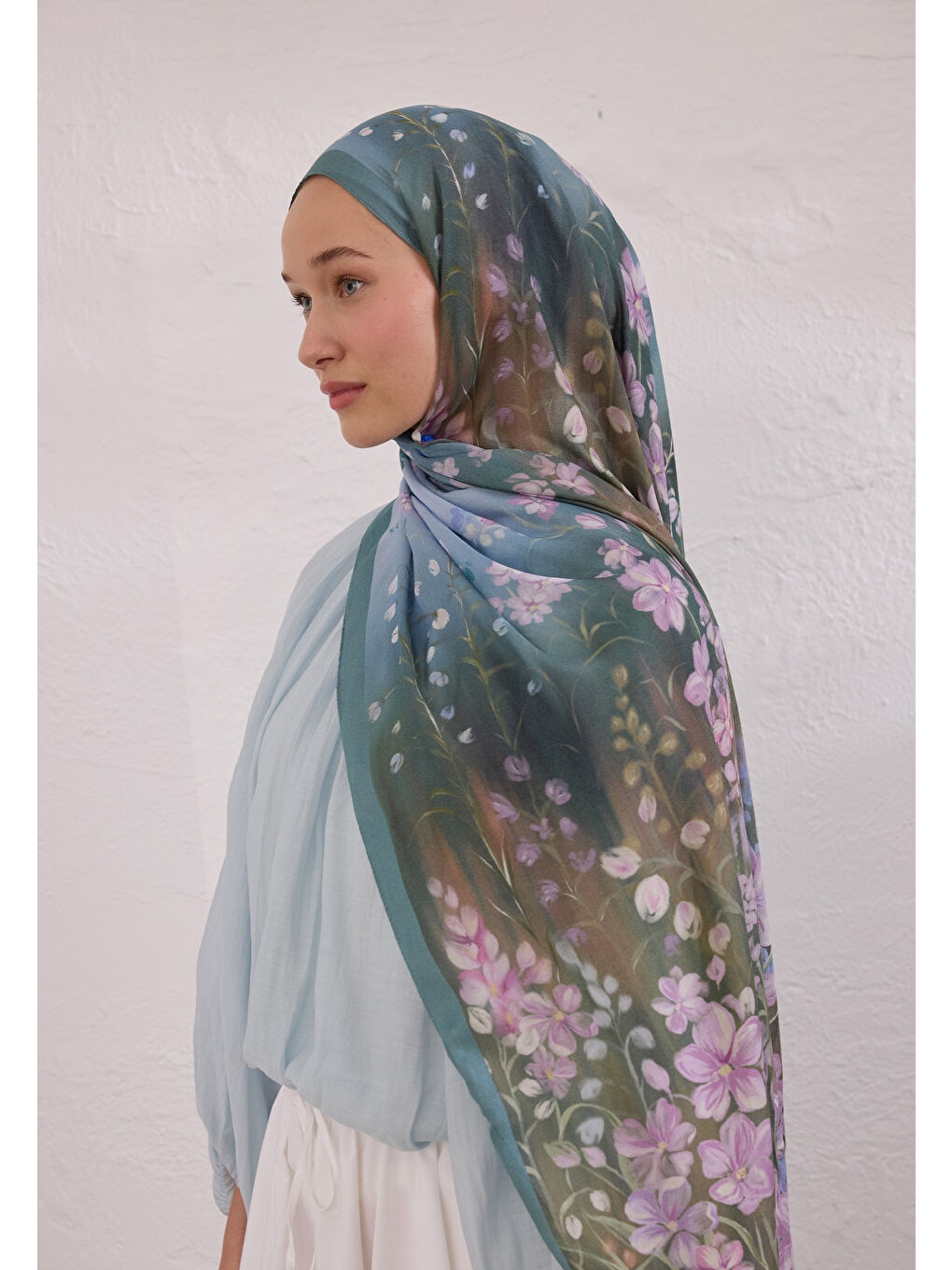 Wısterıa Desen Rami Şal Soft Mavi-2